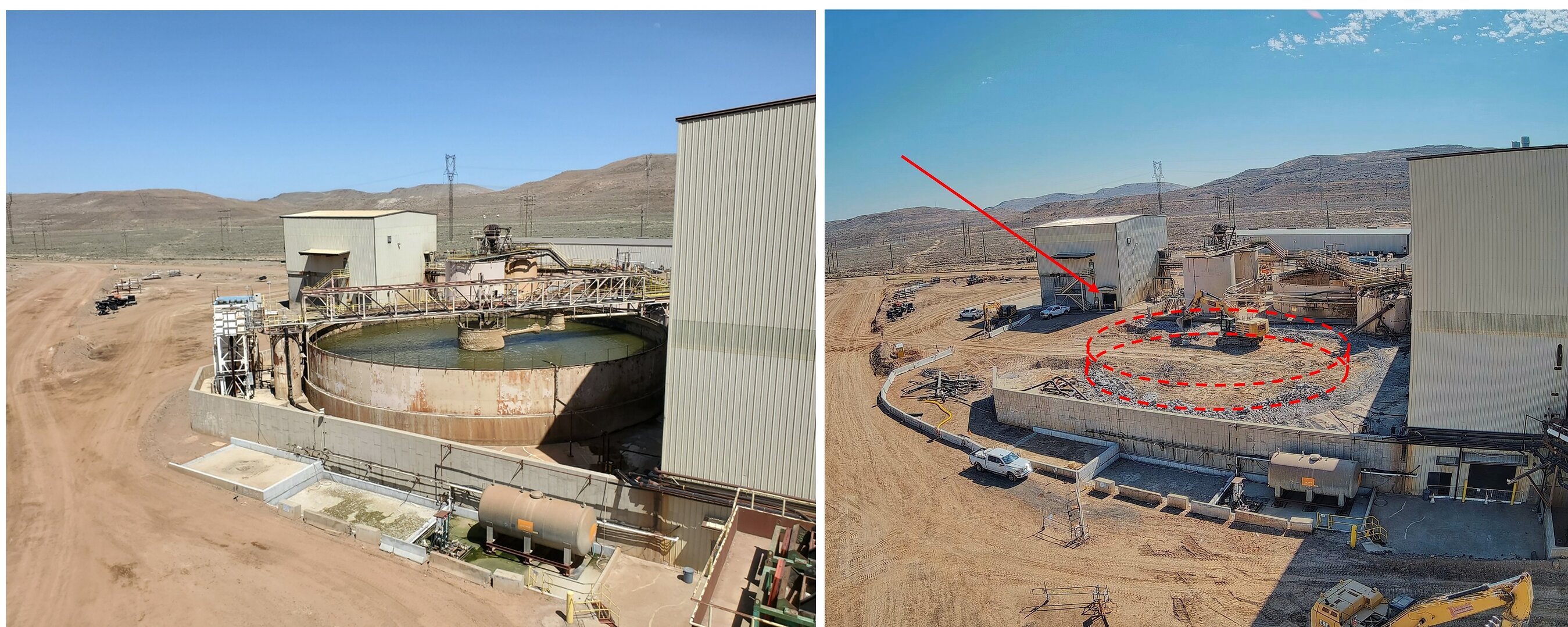 Figure 1: Before and after demolition of the existing 115-foot in diameter thickener tank in preparation for planned upgrades as part of the Lone Tree Plant refurbishment.