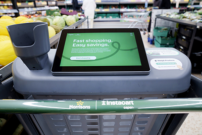 The trolley's touchscreen displays a running basket total to help customers stay on budget, makes relevant product recommendations, and enables shoppers to scan their Morrisons More Card to instantly access loyalty savings and promotions throughout their shop.