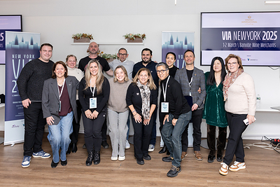 The Pinning Ceremony at VIA New York 2025, with Stevie Kim, Managing Partner of Vinitaly, and Sarah Heller MW, VIA Faculty member.