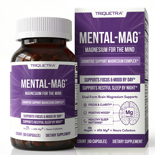 This is a premium studio product render of Triquetra's Mental-Mag™ dietary supplement, featuring both the bottle and retail carton. The composition is clean, modern, and optimized for e-commerce or Amazon listings. This is a premium studio product render of Triquetra's Mental-Mag™ dietary supplement, featuring both the bottle and retail carton. The composition is clean, modern, and optimized for e-commerce or Amazon listings.