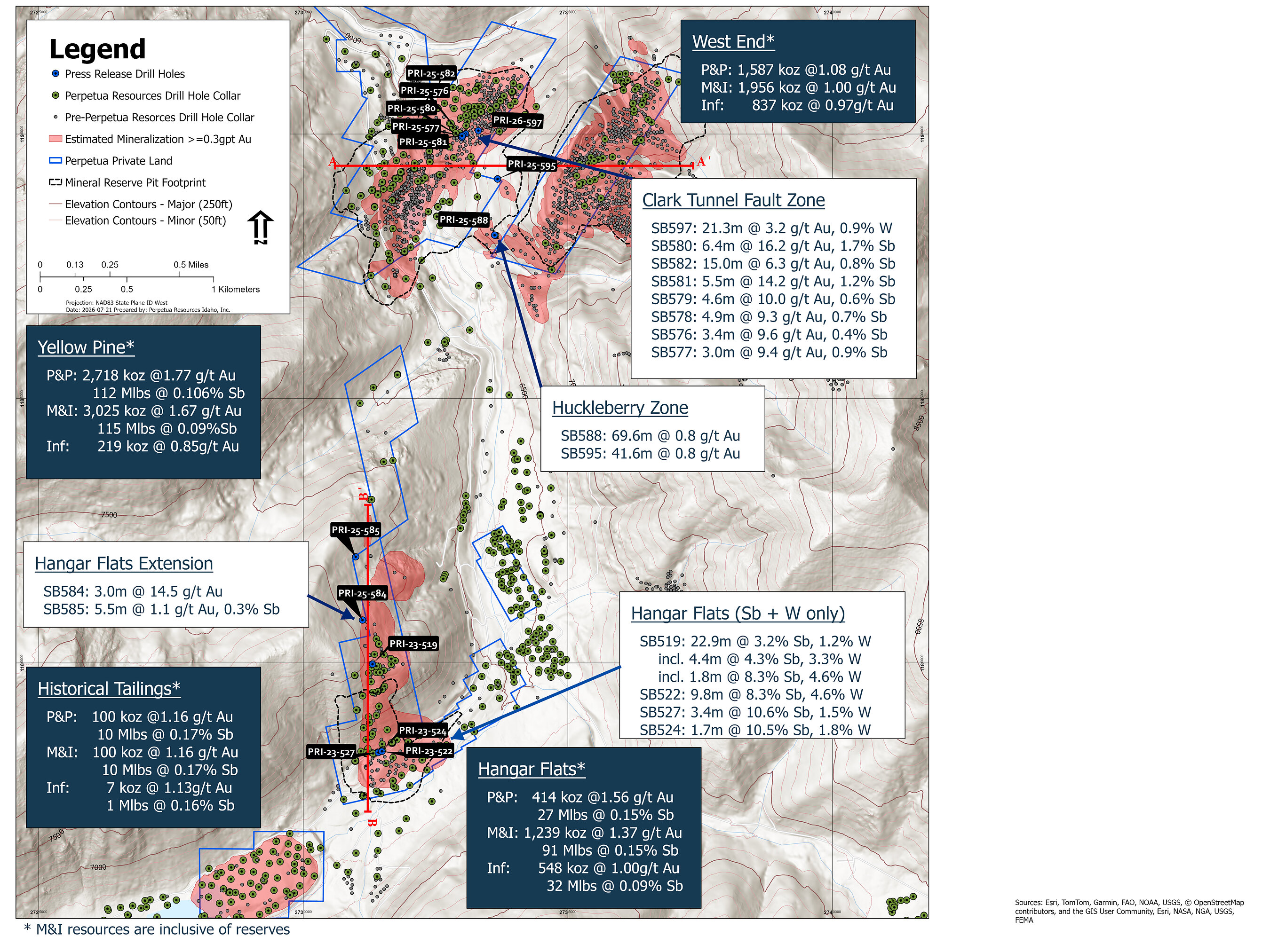 Plan view map of existing and newly reported drill holes from Perpetua Resouces' Stibnite Gold Project in Idaho, USA