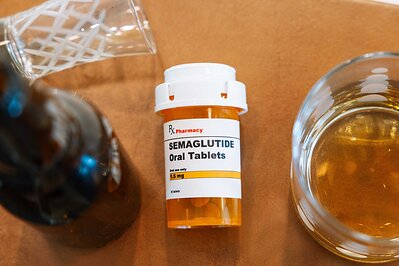 Photo of semaglutide bottle with beer bottle and glasses of alcohol 