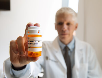 Photo of bottle of semaglutide and Joseph Schacht, PhD, from the University of Colorado Anschutz. 