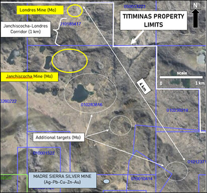 FIGURE 1 - Location map showing the Janchiscocha and Londres targets, the ~1 km connecting corridor, and the approximately 4 km molybdenum trend within the Titiminas concession block.