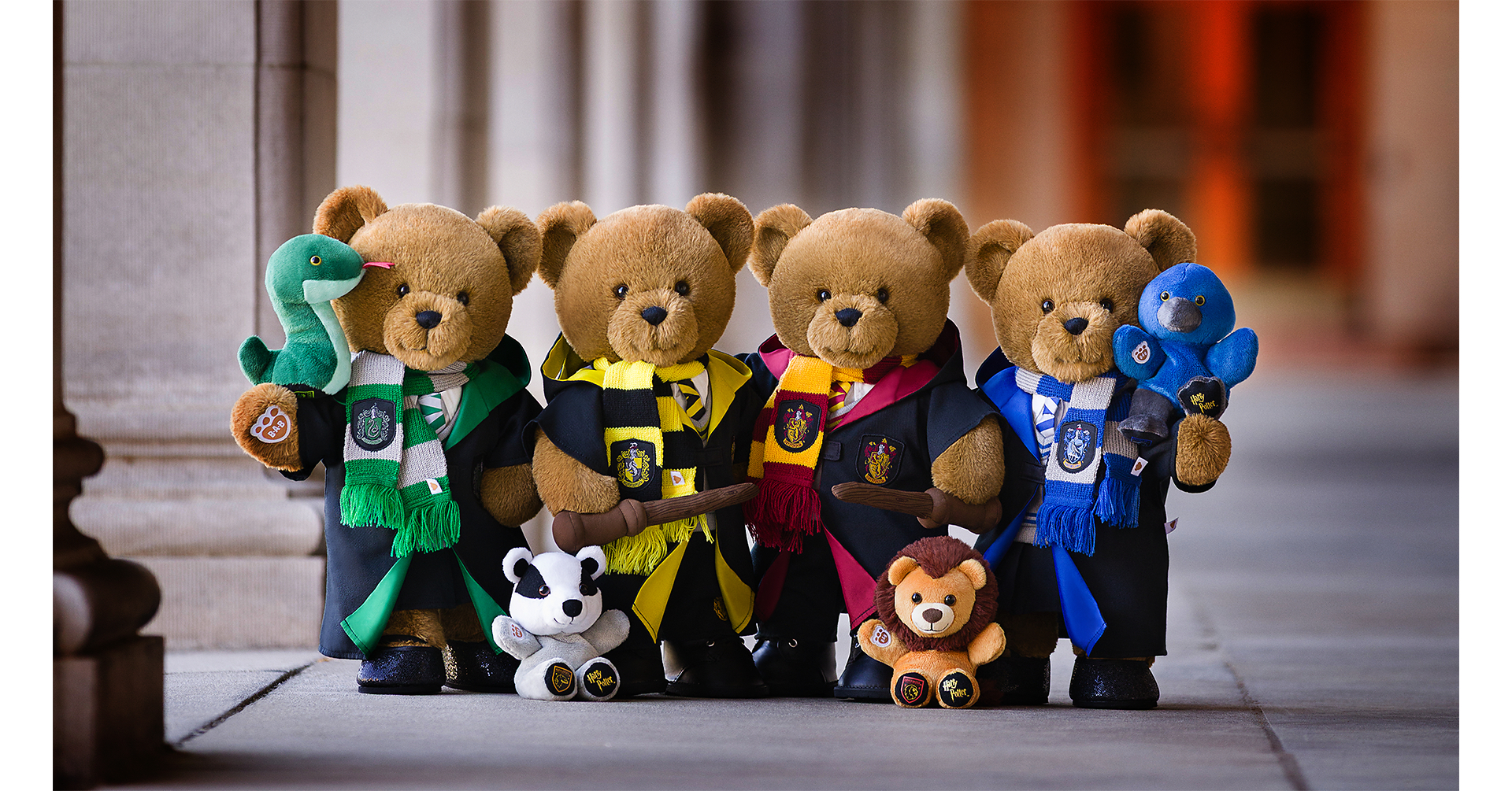 Build-A-Bear Workshop Harry Potter collection with the Harry Potter Bear and Hogwarts house plush