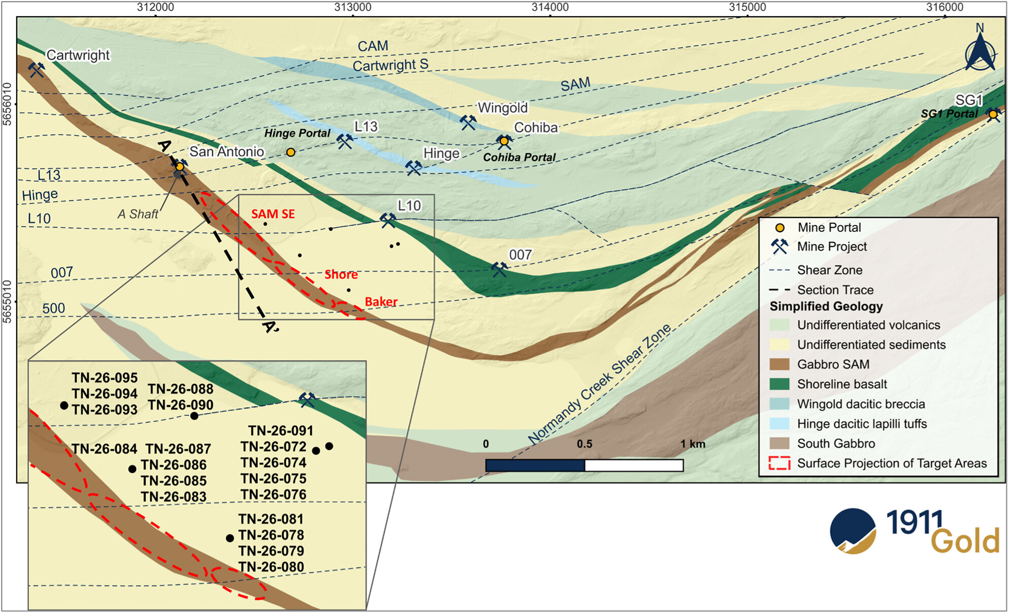 Figure 1: Plan View-True North-Geology and Targets with Surface Drill Hole Locations