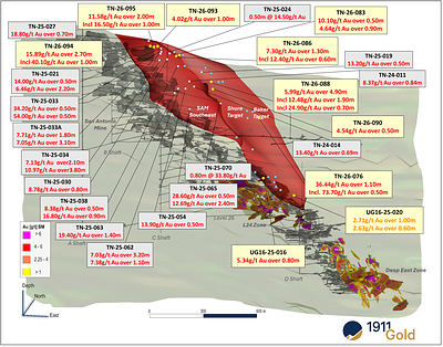 Figure 5: Isometric view (Looking NW) SAM SE, Shore and Baker Targets within the SAM Gabbro Unit