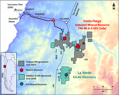 Figure 5. Location map of La Verde in relation to Costa Fuego, Huasco Valley, Chile. Hot Chili’s Costa Fuego tenement landholdings related to the Original OR royalty agreement shown in grey, and additions to the tenement holdings related to the new OR royalty agreement are shown in green. Figure 5. Location map of La Verde in relation to Costa Fuego, Huasco Valley, Chile. Hot Chili’s Costa Fuego tenement landholdings related to the Original OR royalty agreement shown in grey, and additions to the tenement holdings related to the new OR royalty agreement are shown in green.