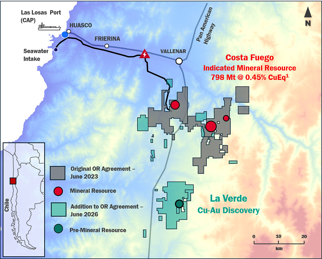 Figure 5. Location map of La Verde in relation to Costa Fuego, Huasco Valley, Chile. Hot Chili’s Costa Fuego tenement landholdings related to the Original OR royalty agreement shown in grey, and additions to the tenement holdings related to the new OR royalty agreement are shown in green.
