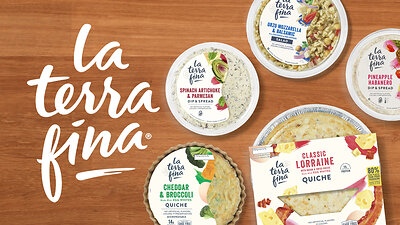 La Terra Fina offers a variety of premium dips, spreads, quiches, and refrigerated salads, including Spinach Artichoke & Parmesan Dip, Classic Lorraine Quiche, Cheddar & Broccoli Quiche, Pineapple Habanero Dip, and Orzo Mozzarella & Balsamic Salad.