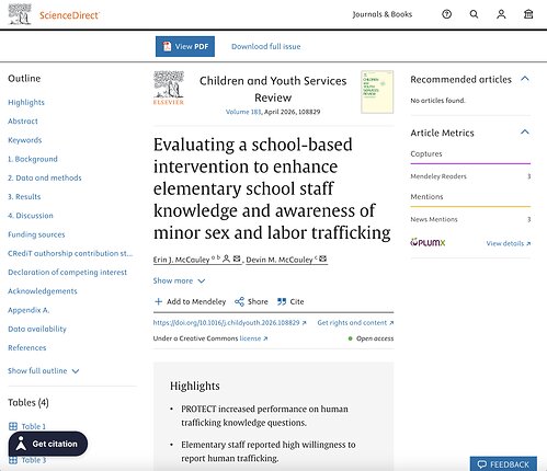 "Peer-reviewed research by Erin J. McCauley and Devin M. McCauley evaluating a school-based intervention to improve elementary staff awareness of minor sex and labor trafficking, published open access in Children and Youth Services Review (April 2026)."
