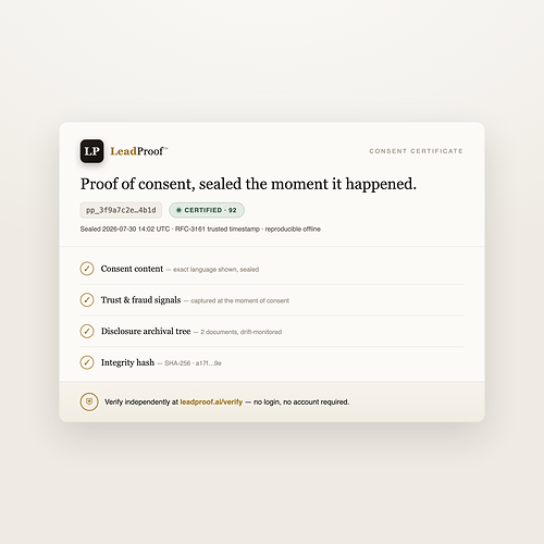 A LeadProof certificate — independently verifiable, tamper-evident proof of consumer consent, reproducible offline at leadproof.ai/verify A LeadProof certificate — independently verifiable, tamper-evident proof of consumer consent, reproducible offline at leadproof.ai/verify