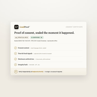 A LeadProof certificate — independently verifiable, tamper-evident proof of consumer consent, reproducible offline at leadproof.ai/verify