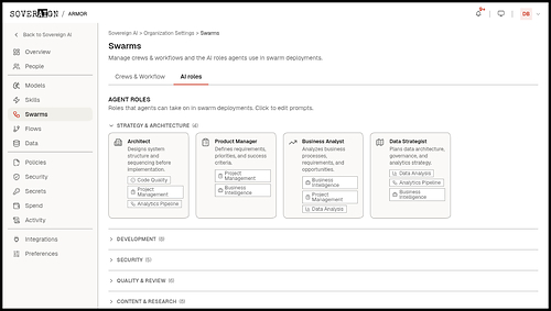 Eight Roles, Each One Configurable. Every role carries its own model, an editable prompt, and skills drawn from a library that keeps growing across cloud providers and tools. Add agents to a run when the work calls for it. Eight Roles, Each One Configurable. Every role carries its own model, an editable prompt, and skills drawn from a library that keeps growing across cloud providers and tools. Add agents to a run when the work calls for it.