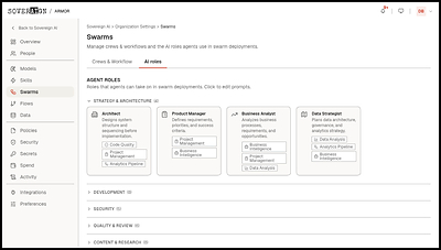 Eight Roles, Each One Configurable. Every role carries its own model, an editable prompt, and skills drawn from a library that keeps growing across cloud providers and tools. Add agents to a run when the work calls for it.