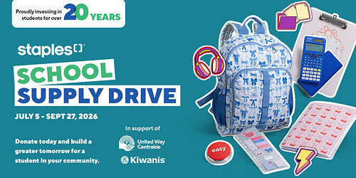 Until September 27, customers can support the Staples School Supply Drive by making a donation at checkout in Staples stores across Canada. One hundred per cent of donations raised remain in the communities where they are collected, helping local students and families through United Way Centraide and Kiwanis.