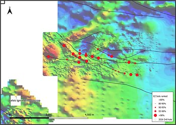 Figure 3 - NW-AOI soil & ground magnetic results with drill hole locations