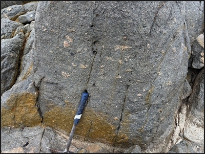 Figure 4 - Outcropping felsic ignimbrite (above) with flattened porphyritic lapilli fragments; porphyritic felsic lapilli tuff (below) in EZD0008 (88.0m depth)