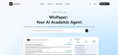 Screenshot of the WisPaper platform homepage featuring its AI Academic Agent interface and True Cite verification system.