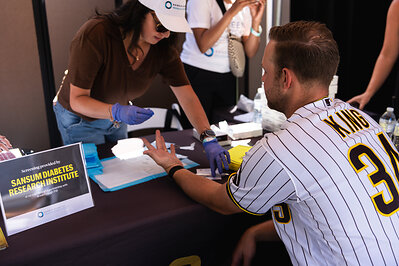 San Diego Padres pitcher Michael King is screened for type 1 diabetes during No Curveballs: Rally for Type 1 Diabetes Early Detection, presented by Beyond Type 1, the King of the Hill Foundation and the San Diego Padres at Petco Park on August 1, 2026. (Photo by Matt Thomas/San Diego Padres/Getty Images)
