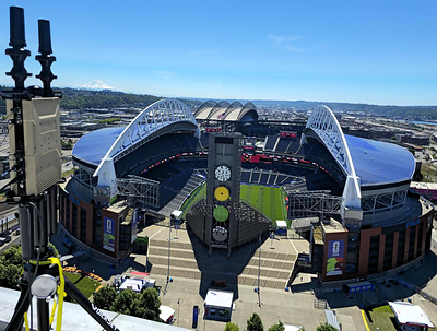 D-Fend Solutions' EnforceAir system deployed overlooking Seattle's host stadium, with Mount Rainier in the background, providing non-kinetic, cyber-driven counter-drone airspace protection during the 2026 FIFA World Cup.