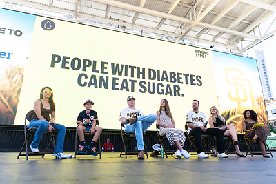 From left, Kristen Marchetti; Trenner Marchetti; Padres pitcher Mason Miller; Jordan Miller; Padres pitcher Michael King; Sheila King, co-founder of the King of the Hill Foundation; and Tiana Cooks of Beyond Type 1 participate in a panel during No Curveballs: Rally for Type 1 Diabetes Early Detection, presented by Beyond Type 1, the King of the Hill Foundation and the San Diego Padres at Petco Park. (Photo by Matt Thomas/San Diego Padres/Getty Images)