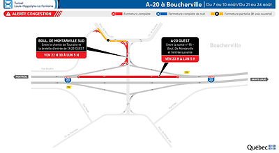 Fermeture de l’autoroute 20 en direction ouest à Boucherville durant les fins de semaine du 7 et 21 août