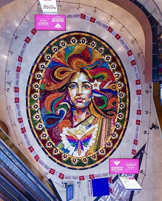 A spectacular view of the world's largest 'Saree Pookkalam' created by Kerala-based Maharani Wedding Collections at Forum Mall.