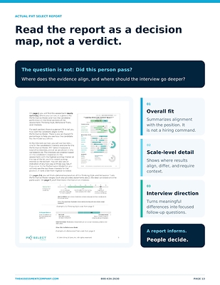 An actual PXT Select report example from The Private Employer's Guide to Merit-Based Hiring shows how employers can review overall fit, scale-level results and interview direction. The Assessment Company® uses PXT Select to help organizations measure whole-person job fit and strengthen structured interviews. PXT Select supports job-related hiring decisions but does not replace technical skills testing, credential verification or human judgment.
