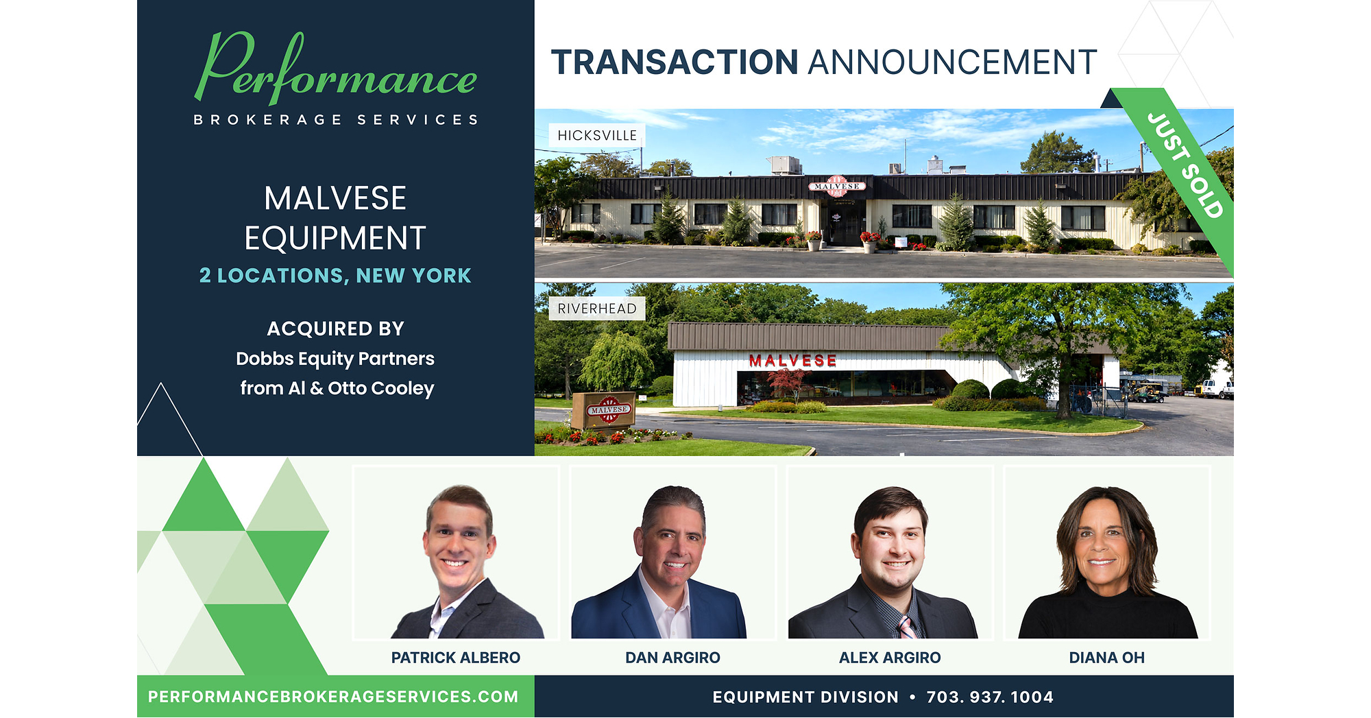 Performance Brokerage Services Advises on the Sale of Malvese Equipment in Hicksville & Riverhead, New York from Al Cooley & Otto Cooley to Dobbs Equity Partners