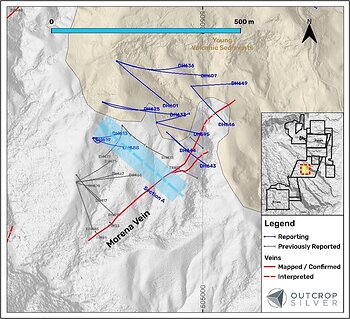 Figure 1. Plan view of the Morena target showing the drill holes reported in this release (Table 1). Coordinates are in the UTM system, zone 18N, and WGS84 projection. Figure 1. Plan view of the Morena target showing the drill holes reported in this release (Table 1). Coordinates are in the UTM system, zone 18N, and WGS84 projection.