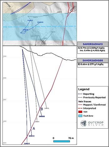 Figure 2. Geological cross-section A showing Morena vein.
Lengths are downhole and do not represent estimated true widths. Figure 2. Geological cross-section A showing Morena vein.
Lengths are downhole and do not represent estimated true widths.