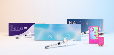 BS PHARM KOREA's professional aesthetic product portfolio featuring INHILO+, EVE EYES PRO+, NA:DRN, and PLLACELL, representing the company's core solutions for global distribution partners.