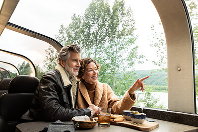 Travelers enjoying a scenic Alaska rail journey through large windows