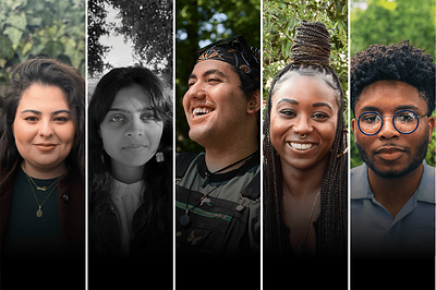 Left to right: Xochi Quetzali Cartland, Fatima Jafar, Noel Munguia-Moreno, Shaina Phenix, and Tariq Thompson. Photos courtesy of the poets.