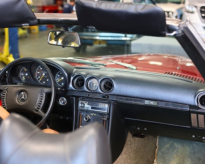 SoftCap™ by Just Dashes installed in a classic Mercedes-Benz SL, delivering a padded, factory-inspired appearance without replacing the original dashboard.