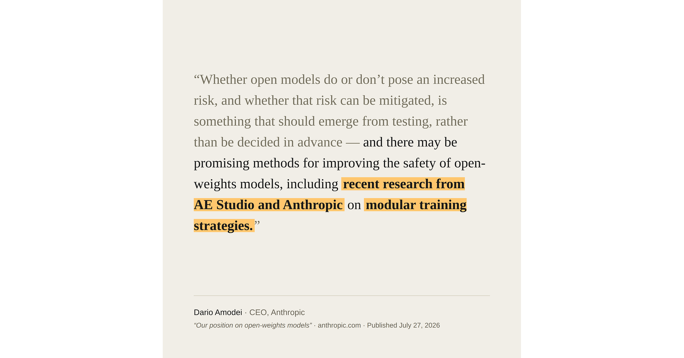 AE Studio Research Cited by Anthropic CEO Dario Amodei as a Promising Method for Making Open-Weights AI Models Safer