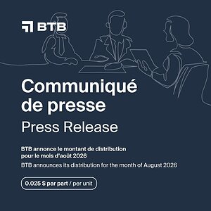 BTB Announces its Distribution for the Month of August 2026