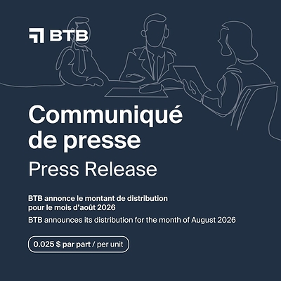 BTB annonce le montant de distribution pour le mois d'août 2026