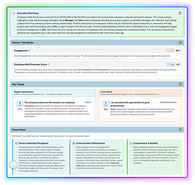 Analyst Insight automatically surfaces workforce priorities, helping organizations move from employee feedback to action faster. Analyst Insight automatically surfaces workforce priorities, helping organizations move from employee feedback to action faster.