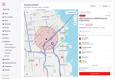 Envoy Response Threat Dashboard — global map view with active threat pins across multiple sites