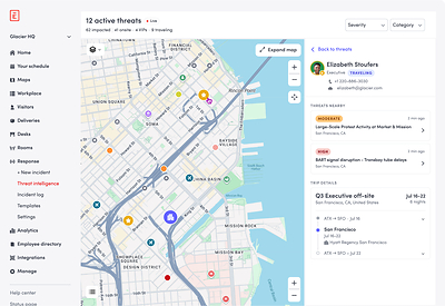 Envoy Response Threat Dashboard — global map view drill down of a threat risk currently in the area of an executive traveling