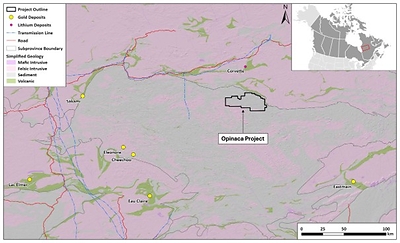 Figure 1- Regional geology & location of the Opinaca project