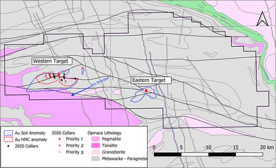 Figure 2 - Property geology, soil & HMC anomalies and 2026 planned drill hole locations