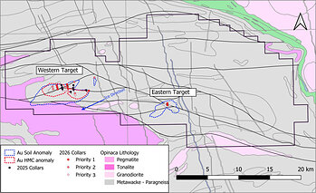 Figure 2 - Property geology, soil & HMC anomalies and 2026 planned drill hole locations