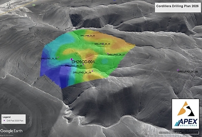 Figure 1: Planned 2026 drill pads and the DH26CC-001 collar at the El Alto target, Cordillera Cobre Project, over IP chargeability anomalies at 200 m depth. Figure 1: Planned 2026 drill pads and the DH26CC-001 collar at the El Alto target, Cordillera Cobre Project, over IP chargeability anomalies at 200 m depth.
