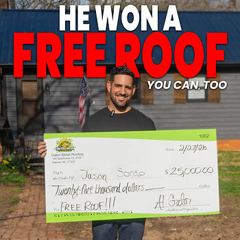 Winner of the 2025 Gator Metal Roofing Sweepstakes in front of his new Glossy Black Metal Roof holding his winnings.