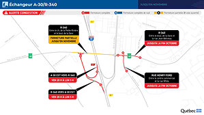 Réaménagement de la route 340 à Vaudreuil-Dorion et à Saint-Lazare - Fermeture des bretelles de l'autoroute 30, en direction est, pendant la fin de semaine du 7 au 10 août