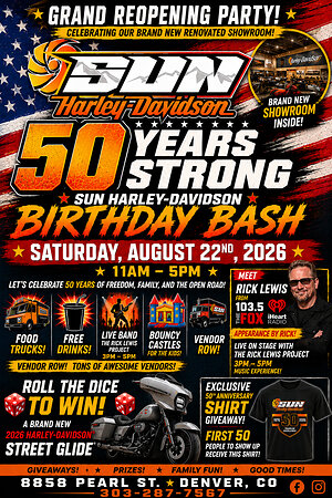 Sun Harley-Davidson Celebrates 50 Years of Riding With Birthday Bash, Grand Reopening, Newly Renovated Showroom, and August "Bash Cash" Savings