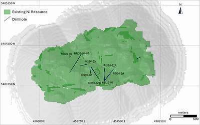 Figure 2 – Reid – CNC Plan View showing Nickel Resource and completed drilling Figure 2 – Reid – CNC Plan View showing Nickel Resource and completed drilling